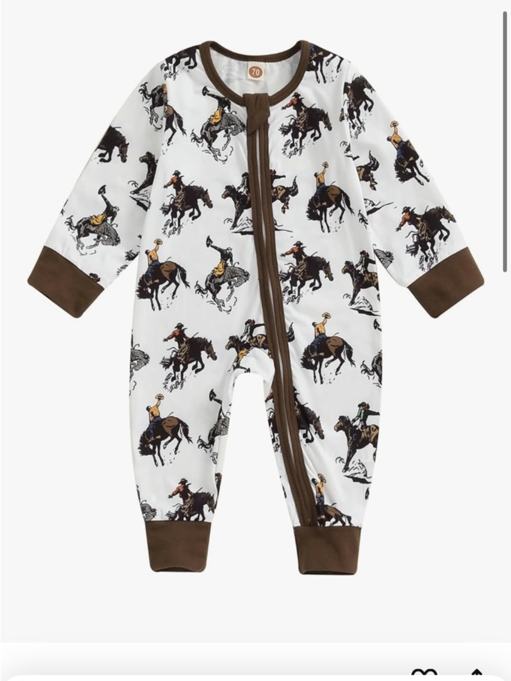 Kids One-Piece Romper in White with Brown Trim - Cowboy Print